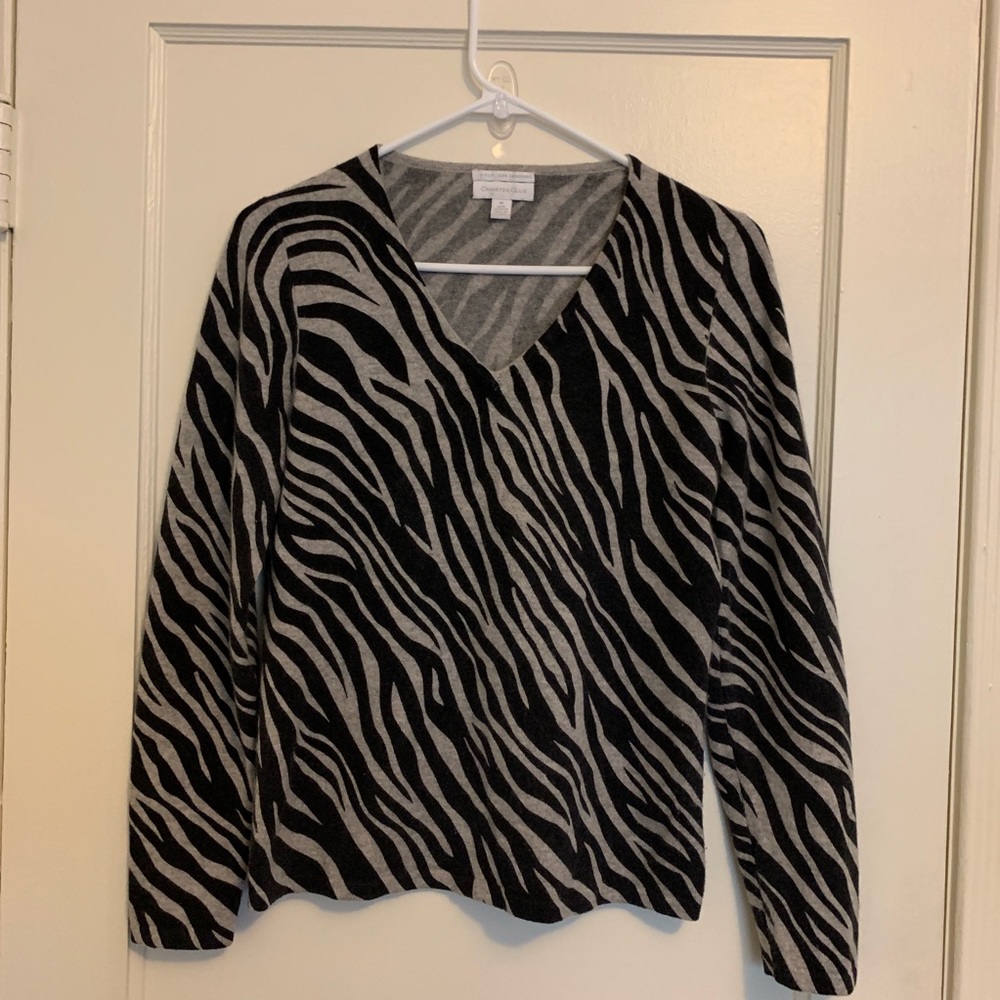 CHARTER CLUB Cashmere V-Neck Zebra Print Sweater